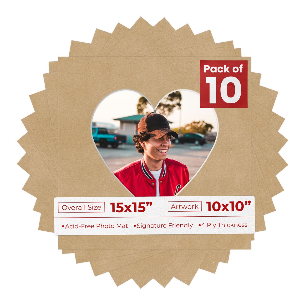 Beige Suede Mat Board for 15x15 Frames - Heart Opening for 10x10 Photos